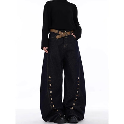 High Waist Blue Jeans for Women Wide Leg Denim Trousers with Buttons Stretch Fabric Casual Street Style Long Length Comfort Fit
