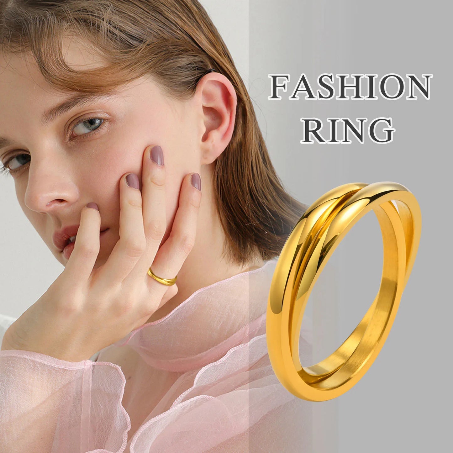 Contemporary Interlocked Rolling Rings for Women Party Jewelry, Gold Color Stainless Steel Circle Stackable Finger Band