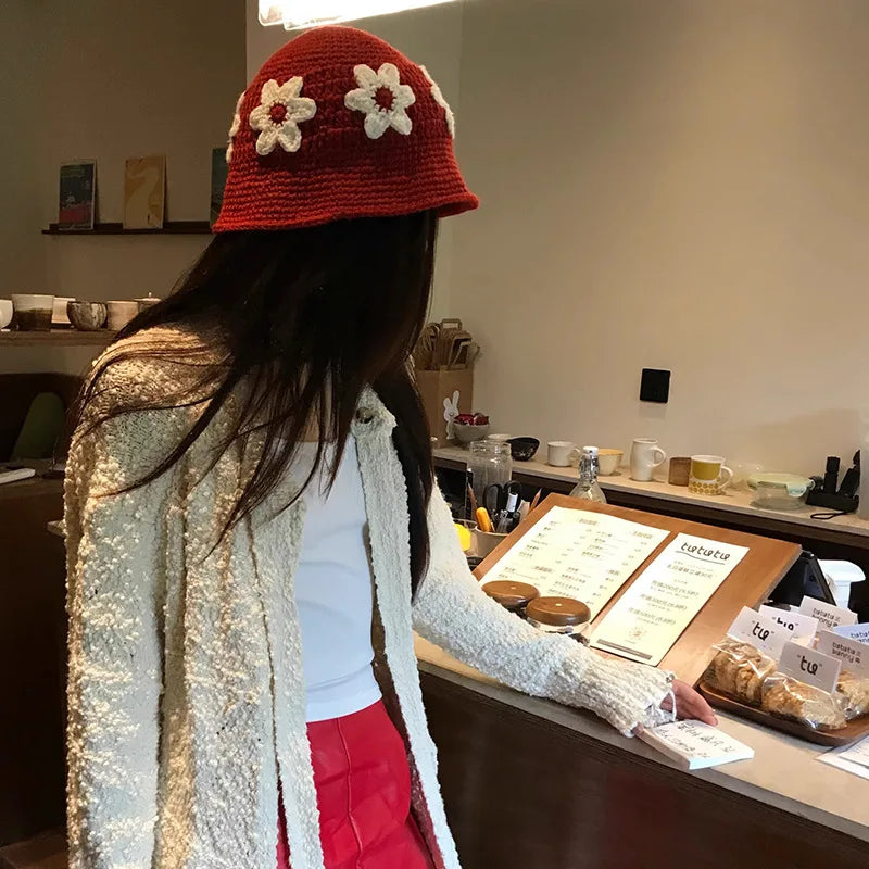 New Handmade Knitted Hat Water Bucket Hat Women's Woolen Hat Cold Hat Japanese Sweet and Cute Handmade Knitted Flower Basin Hat