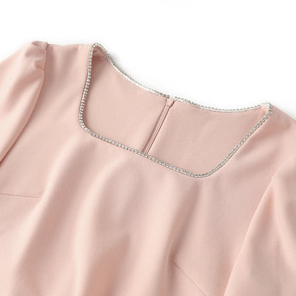 2025 Luxury French Waist Dress Women's Elegant Ruffle Detail Retro Square Neckline Vintage Chic Party & Daily Wear