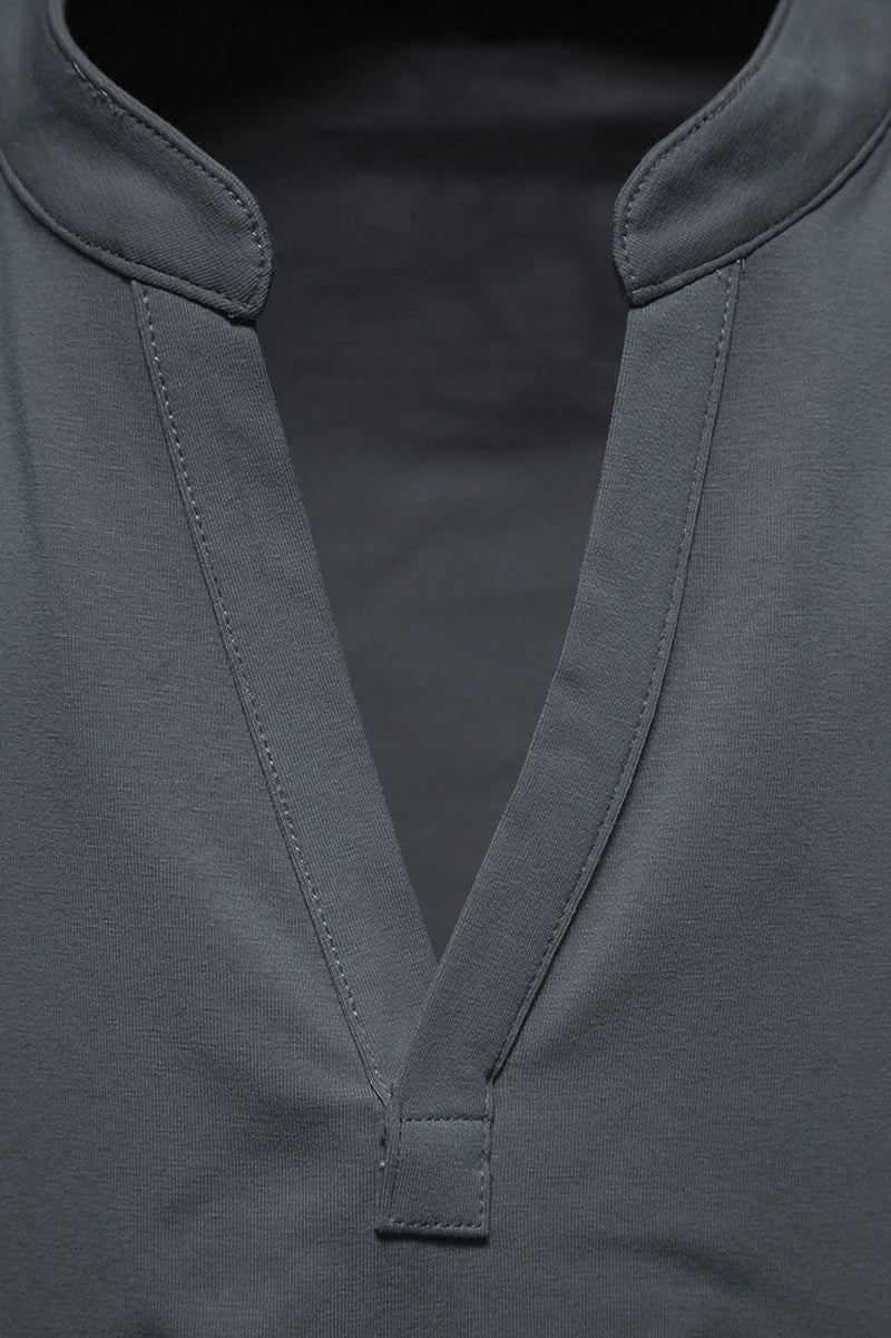 Man Summer T-shirts Short Sleeve Tops Tees Shirts Stand V Collar Solid Hot Sale T shirt Henry Tshirts