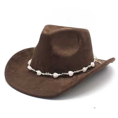 Women's Elegant Western Hat - Curved Brim Faux Suede Polyester Cowboy Hat (57-58cm) with White Heart Band