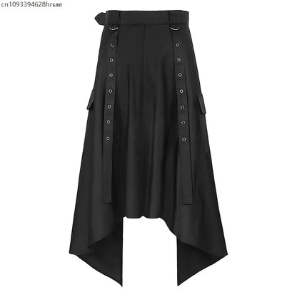 Irregular Skirts For Men Black High Waist Gothic Pleated Steampunk Rock Double Breasted Long Skirt Halloween Party Costumes
