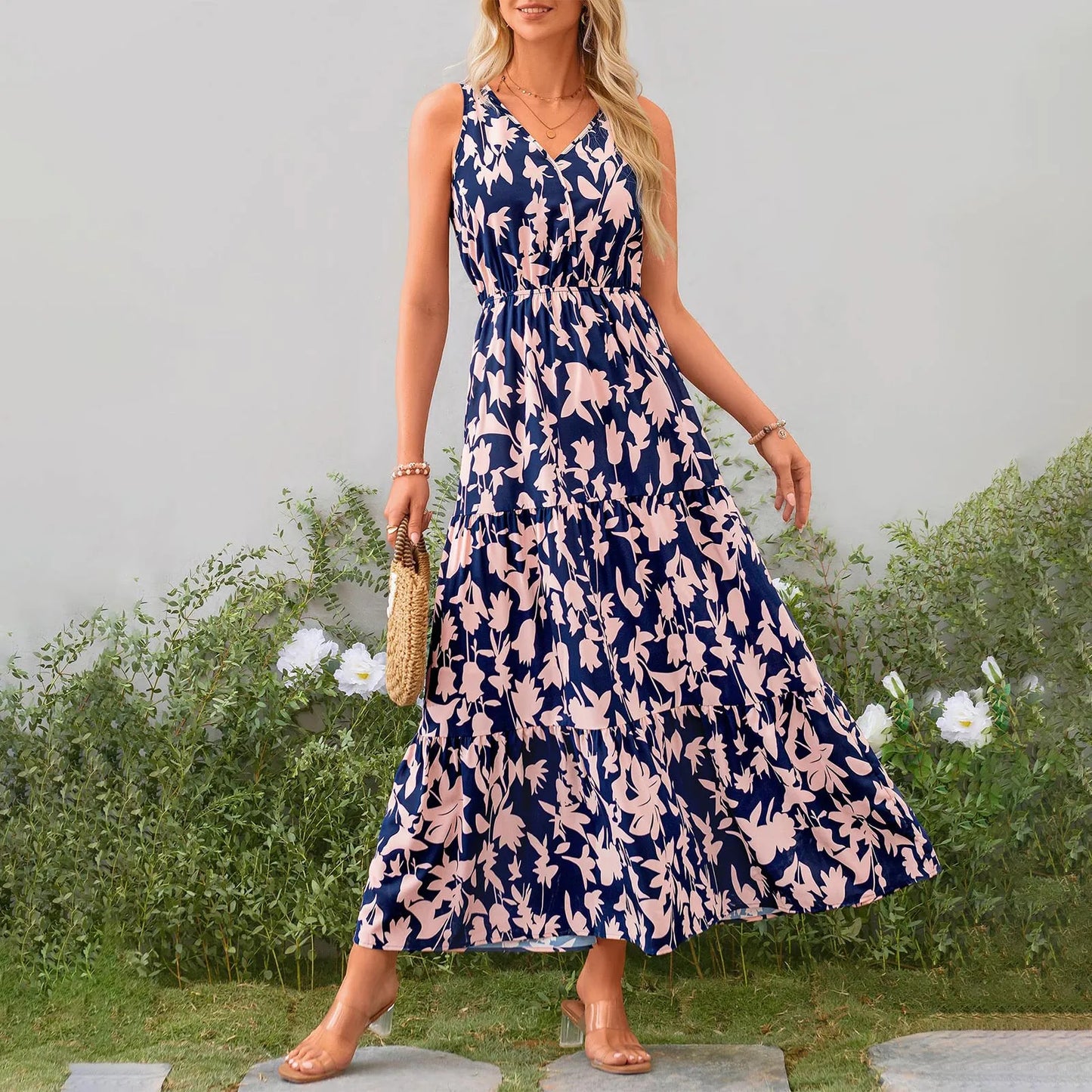 High Waist Flower Printed Dresses For Women Summer Casual Loose And Comfortable Beach Style Sleeveless V-neck Long Dresses