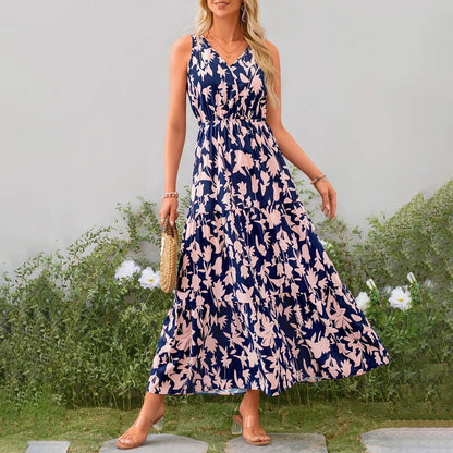 High Waist Flower Printed Dresses For Women Summer Casual Loose And Comfortable Beach Style Sleeveless V-neck Long Dresses
