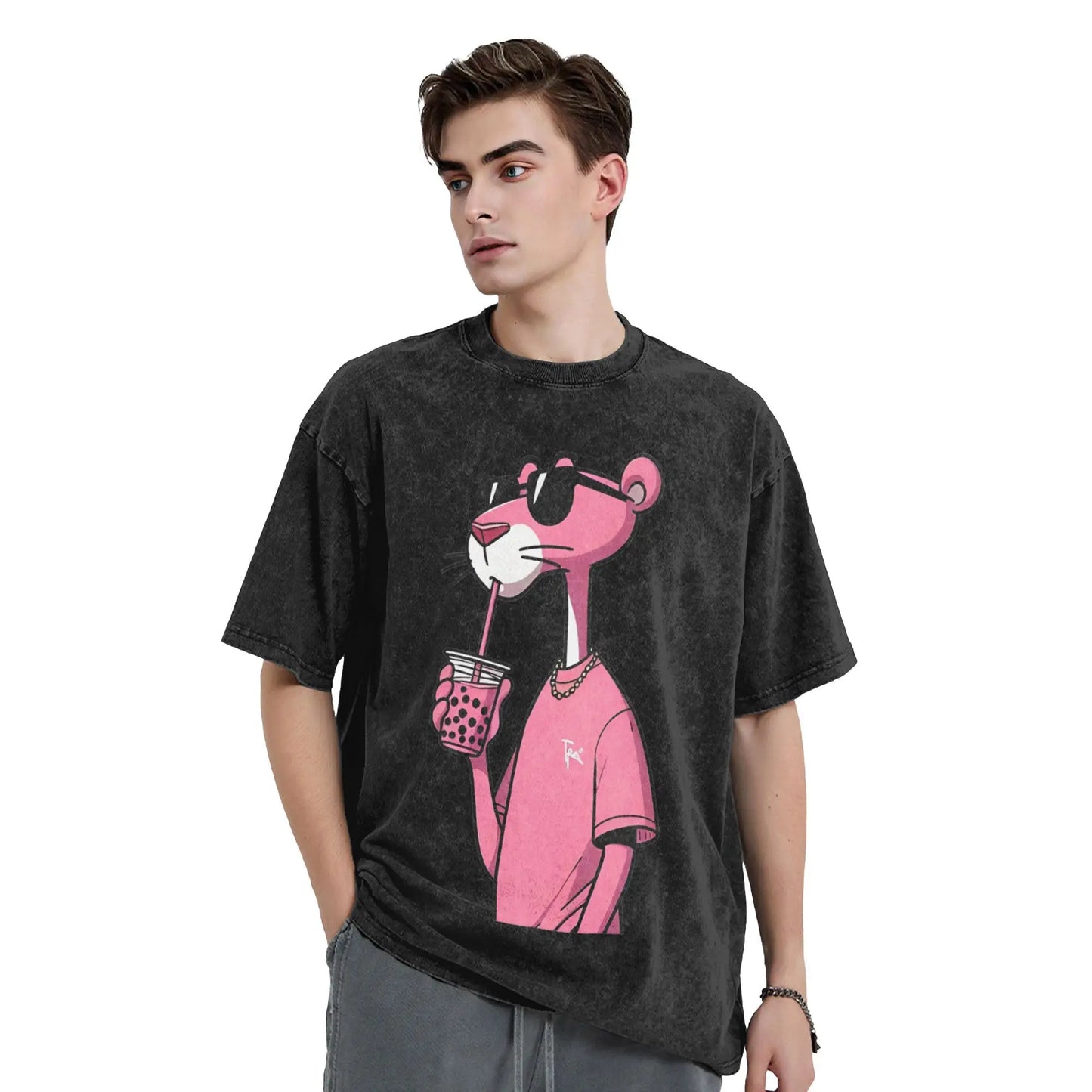 Men's T Shirt Pink-Panthers Drinking Washed T-Shirts Hippie  Beach Tee Shirt Y2K Funny Design Casual Clothing Hot Sale