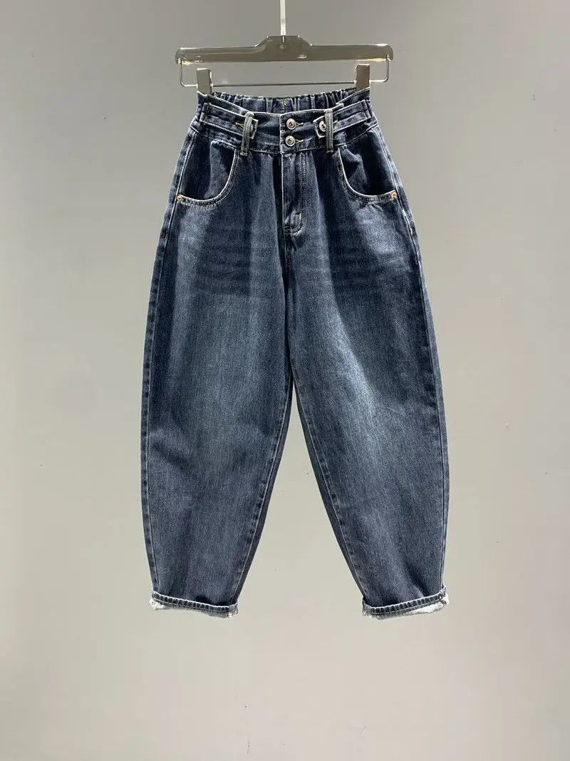 High Waist Women's Jeans Vintage BF Style Streetwear Loose Fashion Elastic   Denim Versatile  Wide Leg Pants Z13