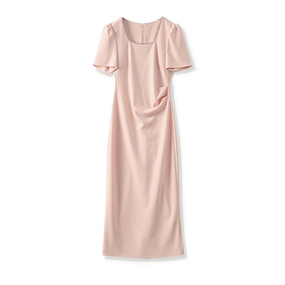 2025 Luxury French Waist Dress Women's Elegant Ruffle Detail Retro Square Neckline Vintage Chic Party & Daily Wear