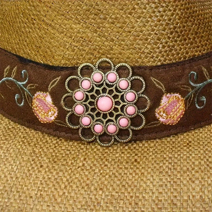 Large-brimmed Western Cowboy Hat, Outdoor Riding Hat, Beach Sun Hat, Ethnic Embroidered Flower Hat, Dance Party Hat Beach Hat
