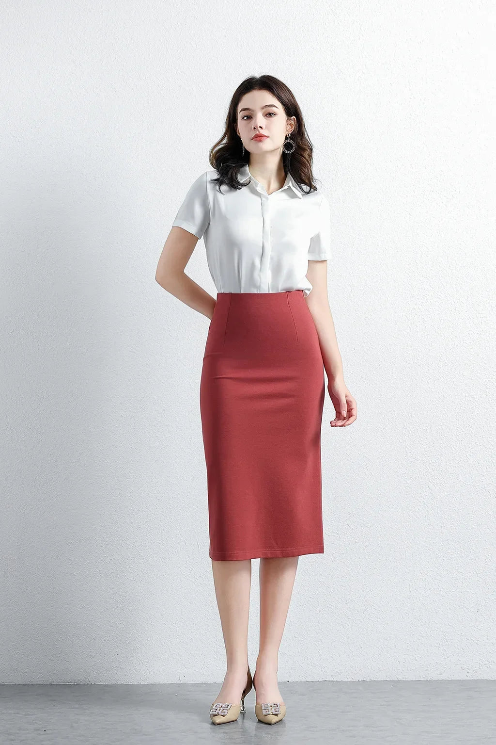 Women Elegant OL Bodycon Skirts Office Faldas Saia Work Slim Fit Jupe Autumn Fashion High Waist Solid Knee-length Skirt