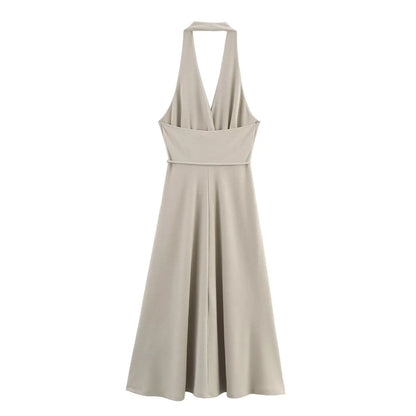 Slimming Waistline Empire Waist Dress Sexy Backless Neck Hanging Long Skirt Fashionable V-neck Sleeveless Ankle-length Dress