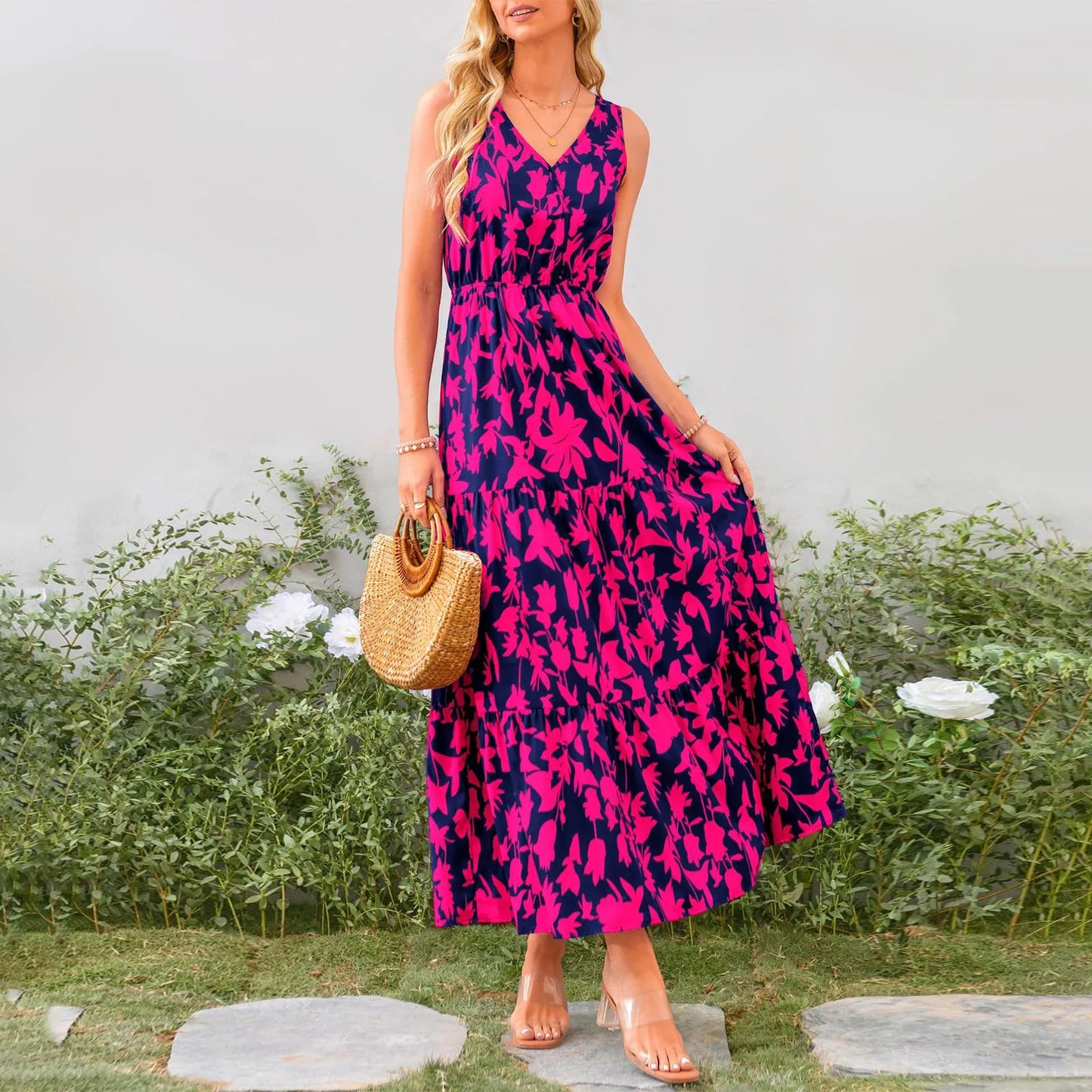 High Waist Flower Printed Dresses For Women Summer Casual Loose And Comfortable Beach Style Sleeveless V-neck Long Dresses