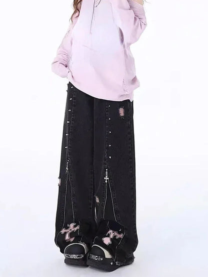 Vintage High Waist Cowboy Pants Harajuku Trousers Aesthetic Y2K Sweet Cool Straight Leg Jeans for Women Black Gothic Baggy