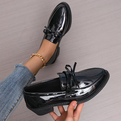 PU Leather Women's Shoes 2025 Spring Pointed Toe Slip-on Women's Casual Loafers Elegant Bow Office Med Heel Shoes Zapatos Mujer