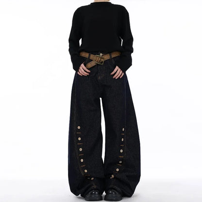 High Waist Blue Jeans for Women Wide Leg Denim Trousers with Buttons Stretch Fabric Casual Street Style Long Length Comfort Fit