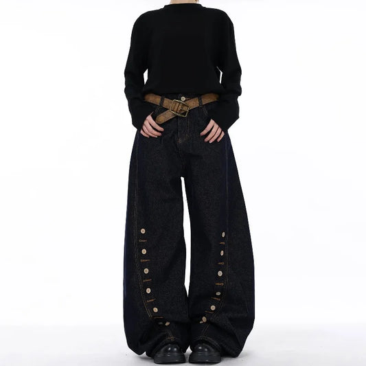 High Waist Blue Jeans for Women Wide Leg Denim Trousers with Buttons Stretch Fabric Casual Street Style Long Length Comfort Fit