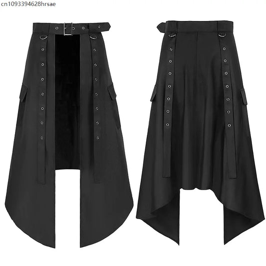 Irregular Skirts For Men Black High Waist Gothic Pleated Steampunk Rock Double Breasted Long Skirt Halloween Party Costumes
