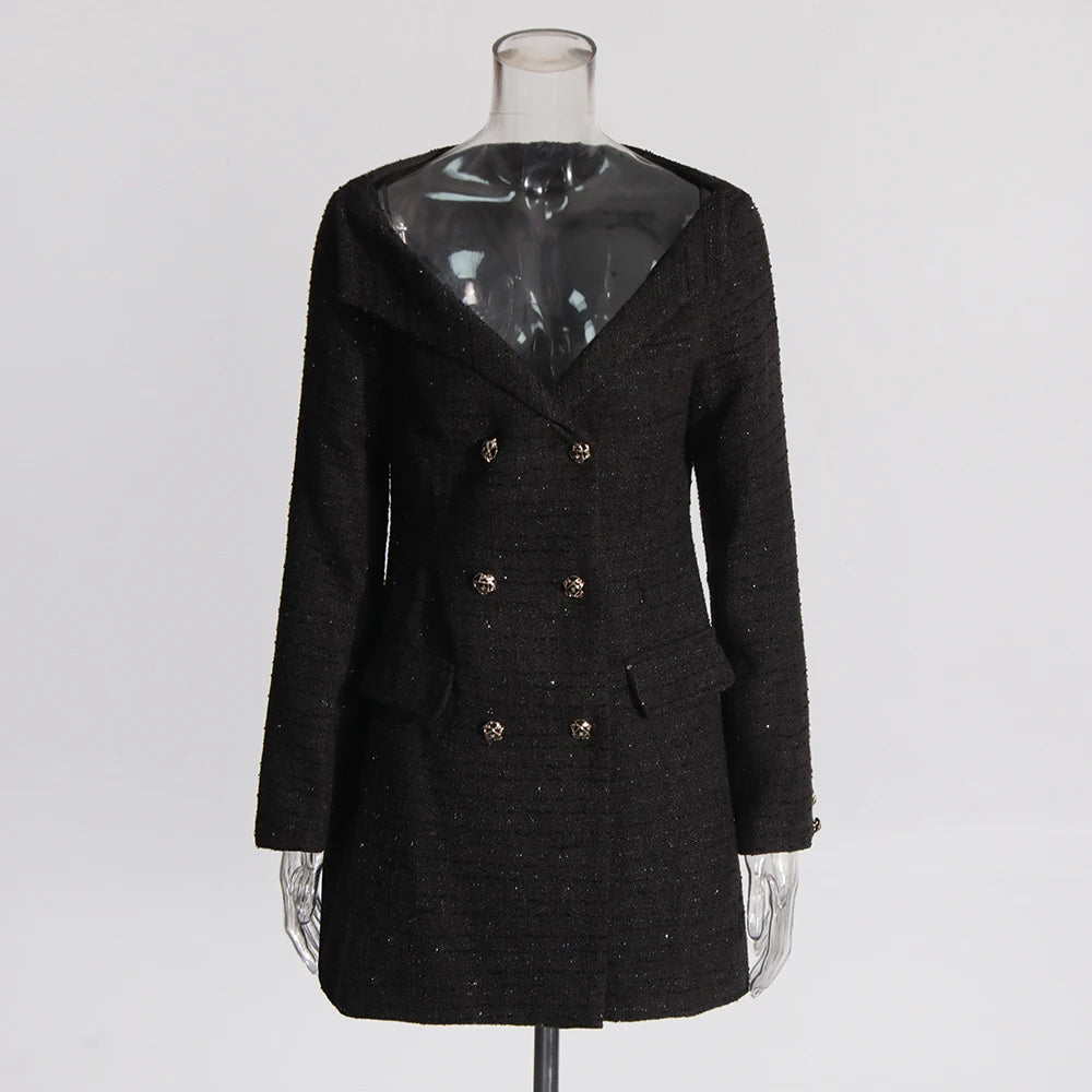 Casual Elegant Dresses For Women Slash Neck Long Sleeve High Waist Spliced Double Breasted Dress Female Fashion New