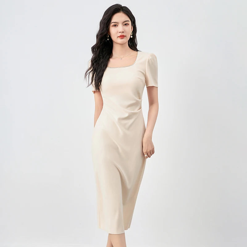 2025 Luxury French Waist Dress Women's Elegant Ruffle Detail Retro Square Neckline Vintage Chic Party & Daily Wear