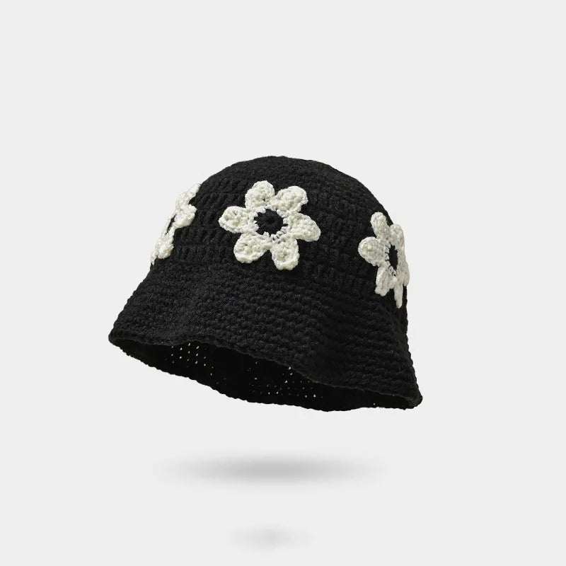 New Handmade Knitted Hat Water Bucket Hat Women's Woolen Hat Cold Hat Japanese Sweet and Cute Handmade Knitted Flower Basin Hat