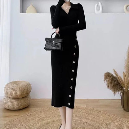 Elegant High Waist Bodycon Dress Women Fashion Streetwear Slim Elastic Knitted Dresses Ladies with Buttons V-Neck Dress Robe