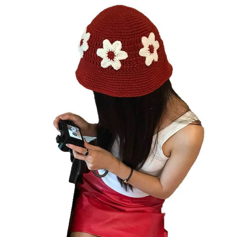 New Handmade Knitted Hat Water Bucket Hat Women's Woolen Hat Cold Hat Japanese Sweet and Cute Handmade Knitted Flower Basin Hat