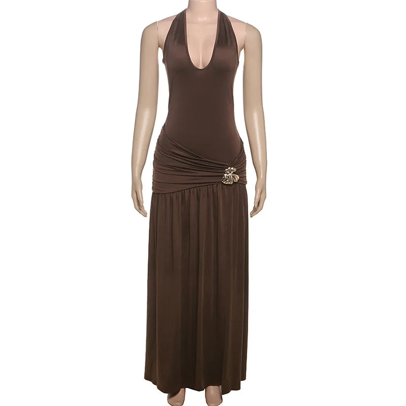 DGLUKE Elegant Halter Backless Maxi Dress Woman Ruched Drop Waist Long Dress Summer High Split Evening Party Dresses