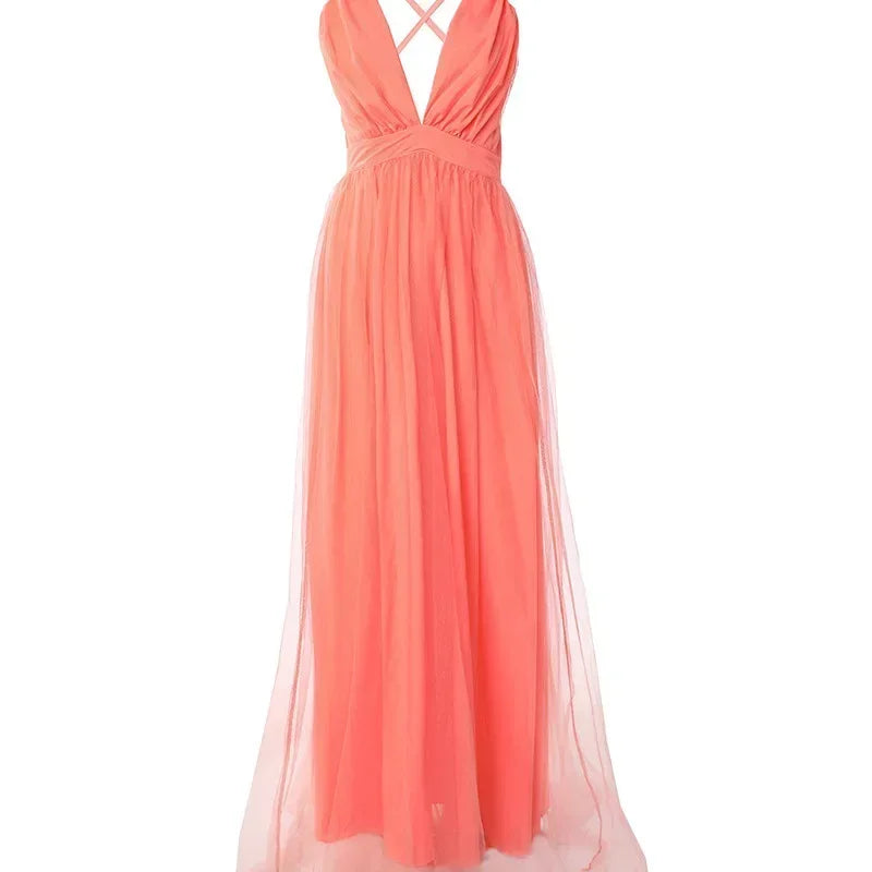 Women's Evening Party High Waist Floor Length Sexy Dress Orange Sleeveless Backless Gauze Long Dress