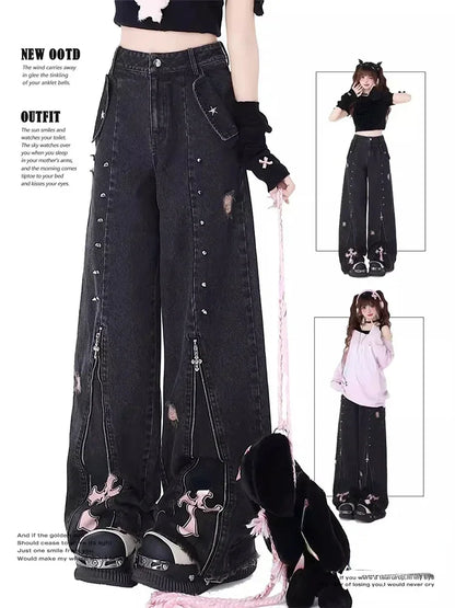 Vintage High Waist Cowboy Pants Harajuku Trousers Aesthetic Y2K Sweet Cool Straight Leg Jeans for Women Black Gothic Baggy