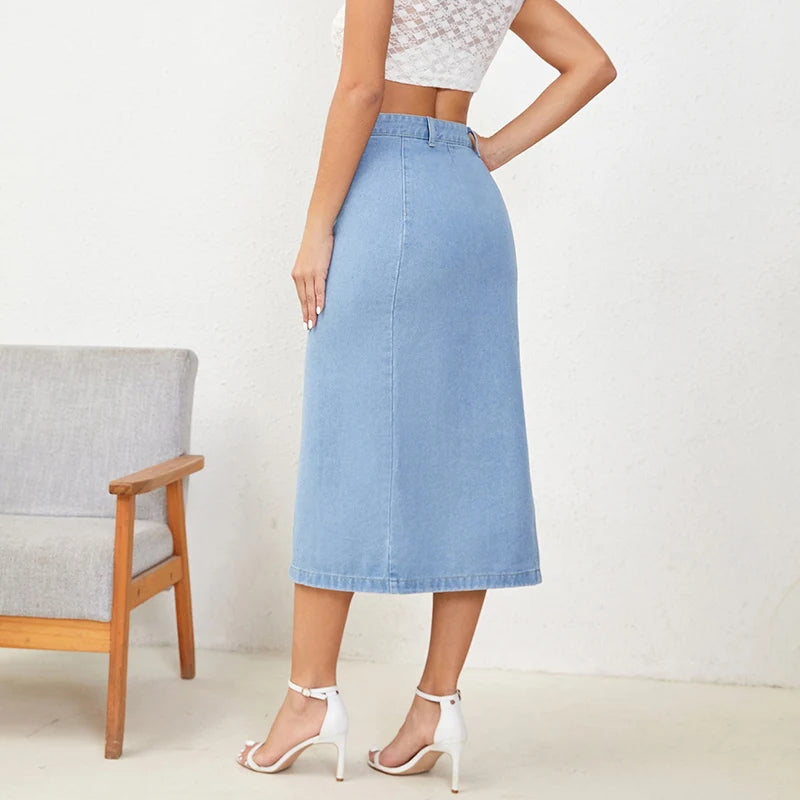 Female High Waist Fashion Vintage Designer Skirts Girls Elegant Side Slit Dress Women Gothic Clothes Light Blue Straight Skirts