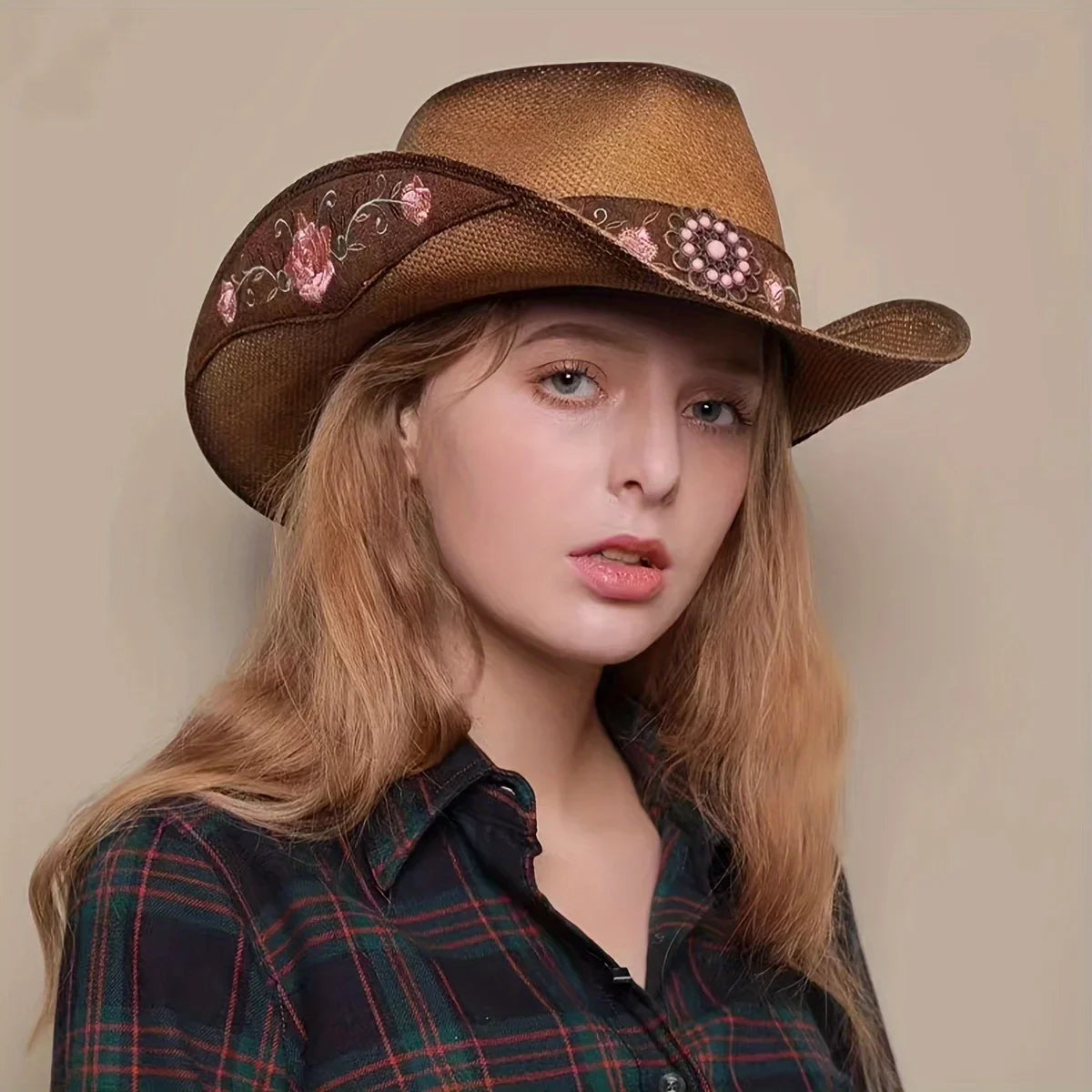 Large-brimmed Western Cowboy Hat, Outdoor Riding Hat, Beach Sun Hat, Ethnic Embroidered Flower Hat, Dance Party Hat Beach Hat