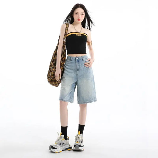 Woman High Waist Vintage Wide Leg Jeans Female Y2k 2000s Streetwear Pants Girls Fashion Retro Blue Light Blue Baggy Denim Shorts
