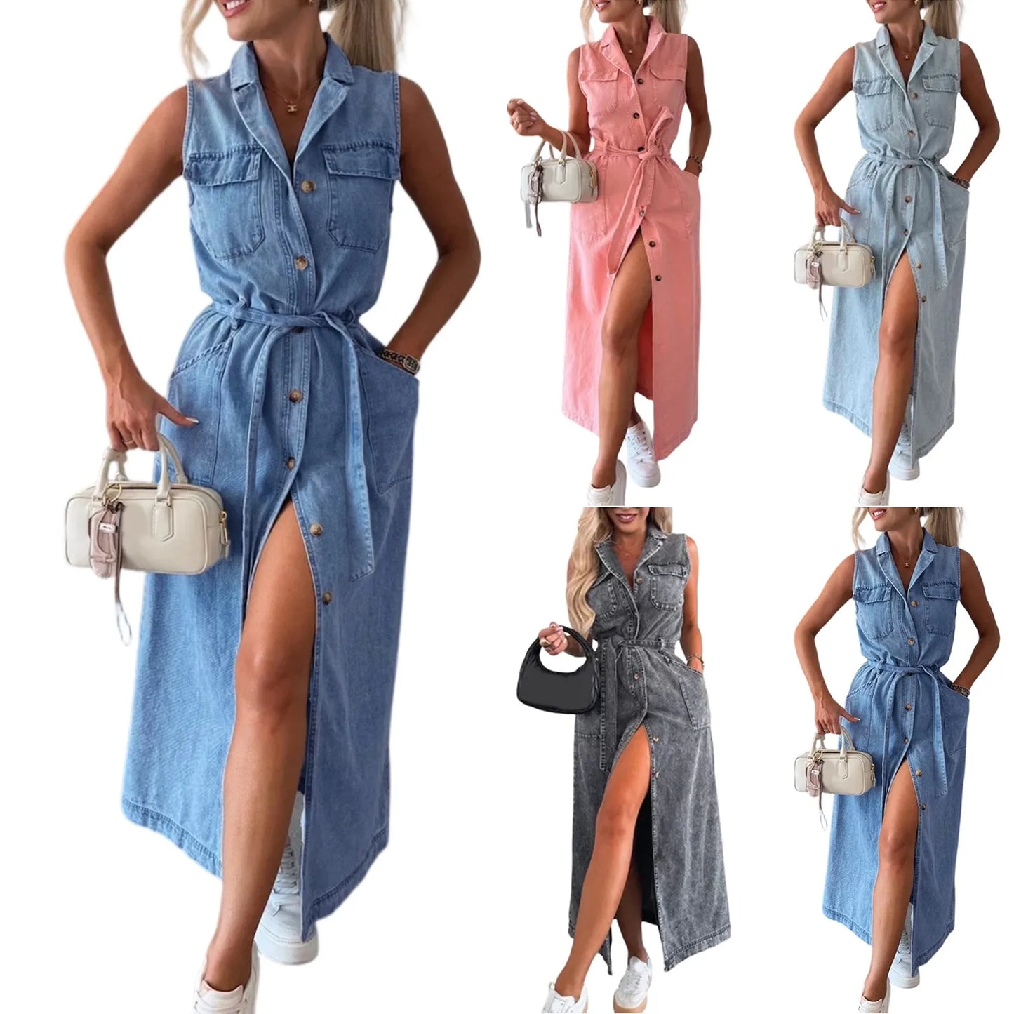 Ladies’ Distressed Denim Waist Cinched Dress - Sleeveless Single Breasted Tunic with Belt Loops & Vintage Wash Details