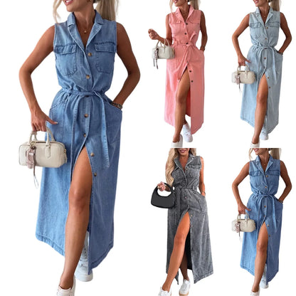 Ladies’ Distressed Denim Waist Cinched Dress - Sleeveless Single Breasted Tunic with Belt Loops & Vintage Wash Details