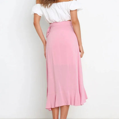 Long Skirts For Womens 2025 Summer Fashion Lace Up Ruffles Solid Color High Waist Bodycon Skirt Female Casual Chiffon Skirt