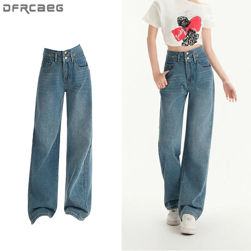 High Waist Jeans Trousers for Women Spring Summer 2025 Y2K Streetwear Full-Length Straight Denim Pants Women Blue Jeans Women
