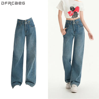 High Waist Jeans Trousers for Women Spring Summer 2025 Y2K Streetwear Full-Length Straight Denim Pants Women Blue Jeans Women