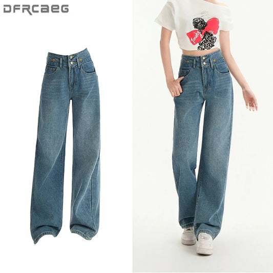 High Waist Jeans Trousers for Women Spring Summer 2025 Y2K Streetwear Full-Length Straight Denim Pants Women Blue Jeans Women
