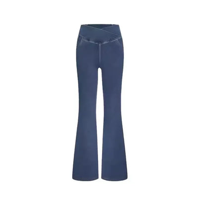 High Waisted Crossover Pocket Cool Touch Washed Stretchy Knit Casual Super Flare Jeans