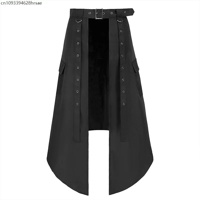 Irregular Skirts For Men Black High Waist Gothic Pleated Steampunk Rock Double Breasted Long Skirt Halloween Party Costumes
