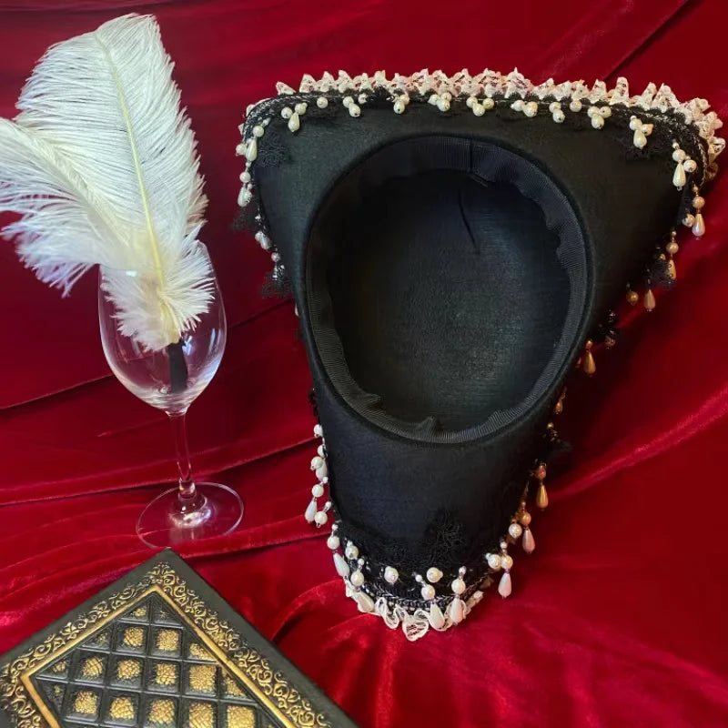 Pirate Hat Retro Gothic Countess Pearl Triangle Hat Women Halloween CosPlay Pirate Feather Hat Costume Accessories Props New