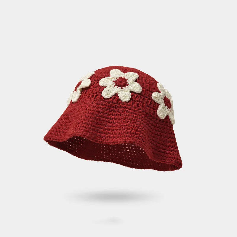 New Handmade Knitted Hat Water Bucket Hat Women's Woolen Hat Cold Hat Japanese Sweet and Cute Handmade Knitted Flower Basin Hat