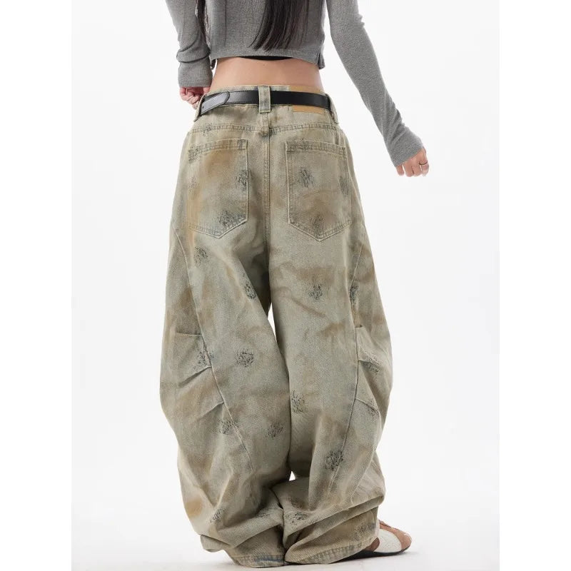 High Street Retro Washed Tie-Dye Distressed Jeans Men Women American Hip-Hop Rap High Waist Loose Jeans Casual Straight Pants