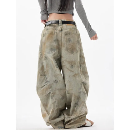 High Street Retro Washed Tie-Dye Distressed Jeans Men Women American Hip-Hop Rap High Waist Loose Jeans Casual Straight Pants