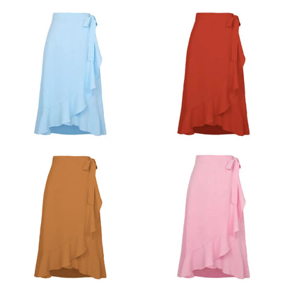 Long Skirts For Womens 2025 Summer Fashion Lace Up Ruffles Solid Color High Waist Bodycon Skirt Female Casual Chiffon Skirt