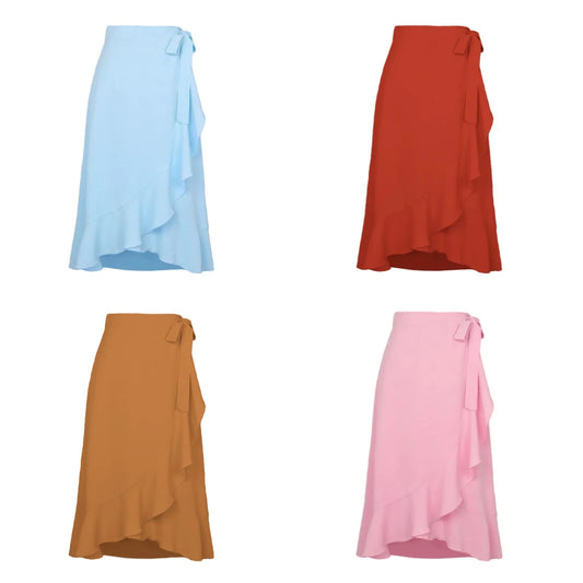 Long Skirts For Womens 2025 Summer Fashion Lace Up Ruffles Solid Color High Waist Bodycon Skirt Female Casual Chiffon Skirt