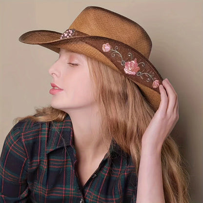 Large-brimmed Western Cowboy Hat, Outdoor Riding Hat, Beach Sun Hat, Ethnic Embroidered Flower Hat, Dance Party Hat Beach Hat