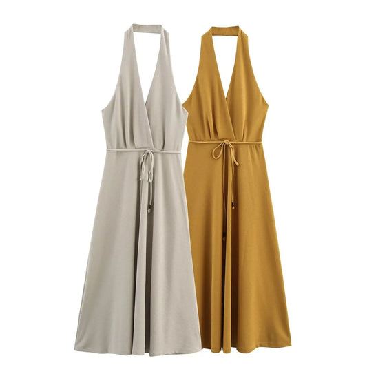Slimming Waistline Empire Waist Dress Sexy Backless Neck Hanging Long Skirt Fashionable V-neck Sleeveless Ankle-length Dress
