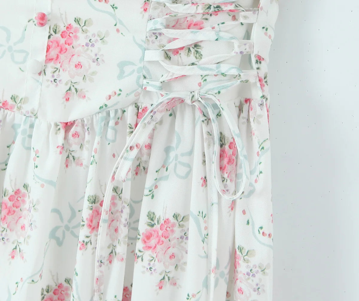 French printed waist-binding dress for women 2025 new style temperament slim mid-length floral dress