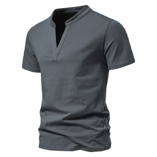 Man Summer T-shirts Short Sleeve Tops Tees Shirts Stand V Collar Solid Hot Sale T shirt Henry Tshirts